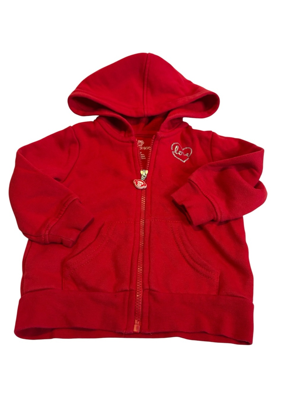 okie dokie Red Hooded Zip Sweatshirt with Heart Patch
